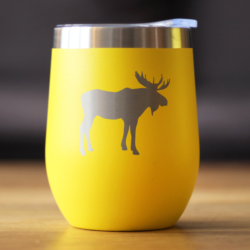 Moose Silhouette - Wine Tumbler with Sliding Lid - Stemless Stainless Steel Insulated Cup - Cute Outdoor Camping Mug