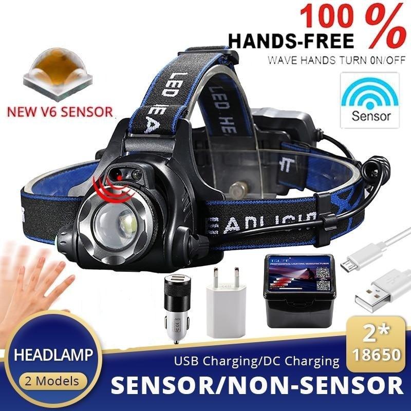 Adjustable USB Rechargeable IR Sensor Super Bright Headlight Battery For Long Working Time LED Headlamp Fishing  Waterproof Head Light Lamp Perfect For Running  Camping