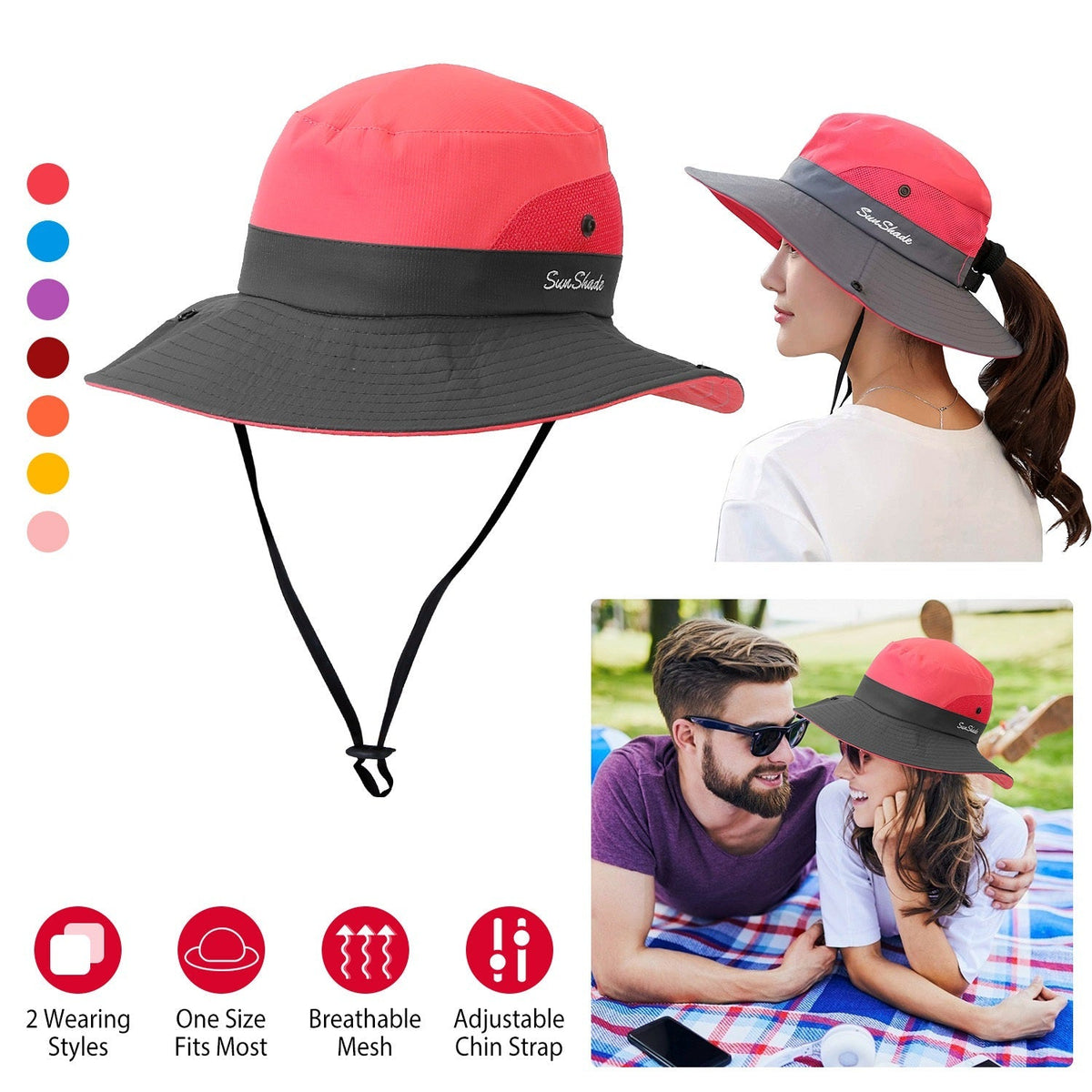 Women Summer Sun Bucket Hats Foldable UV Protection Cotton Cap Wide Brim Floppy Cap Packable Ponytail Mesh Travel Hat For Beach Fishing Camping Travel