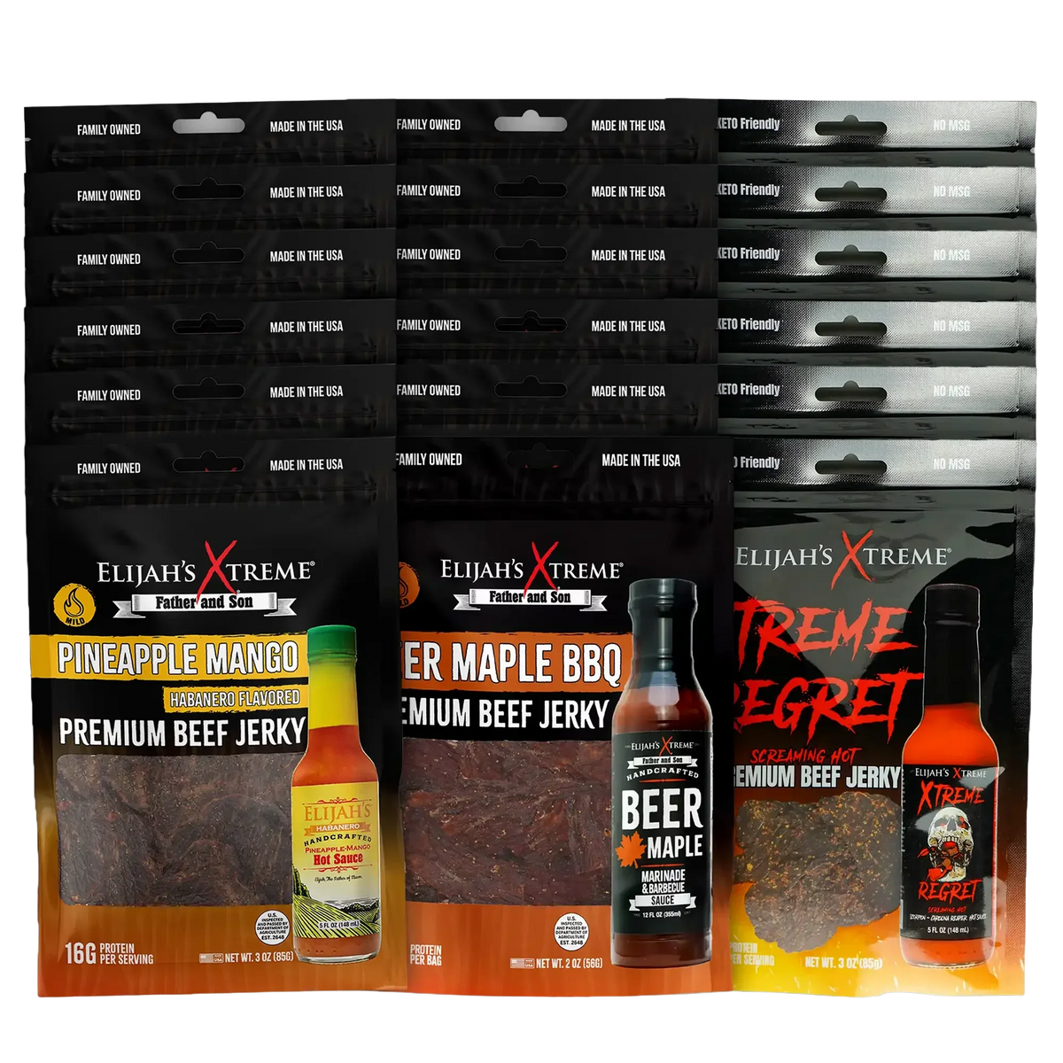 Elijah’s Xtreme Beef Jerky Bulk Trio - 6 bags of Each Flavor, 18 bags total (3lbs)