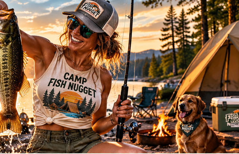 Woman wearing Camp Fish Nugget branded shirt and cap at lakeside campground with Fish Nugget gear