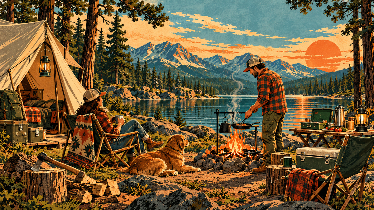 Vintage lakeside campground scene