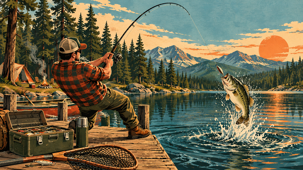 Vintage campground illustration of angler catching bass