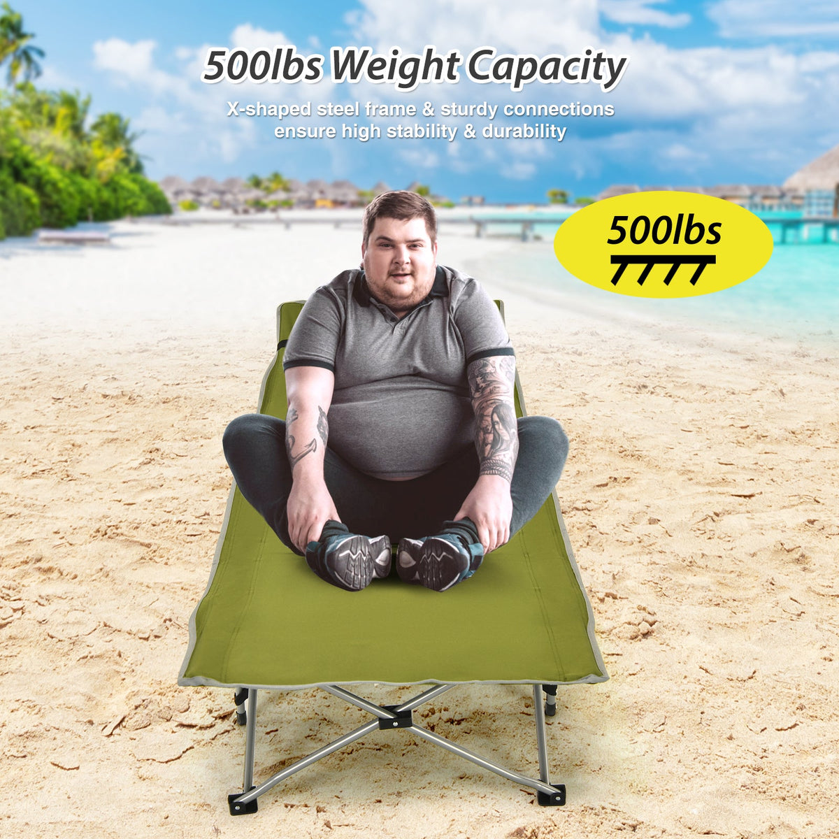 Folding Camping Cot with Side Storage Pocket Detachable Headrest