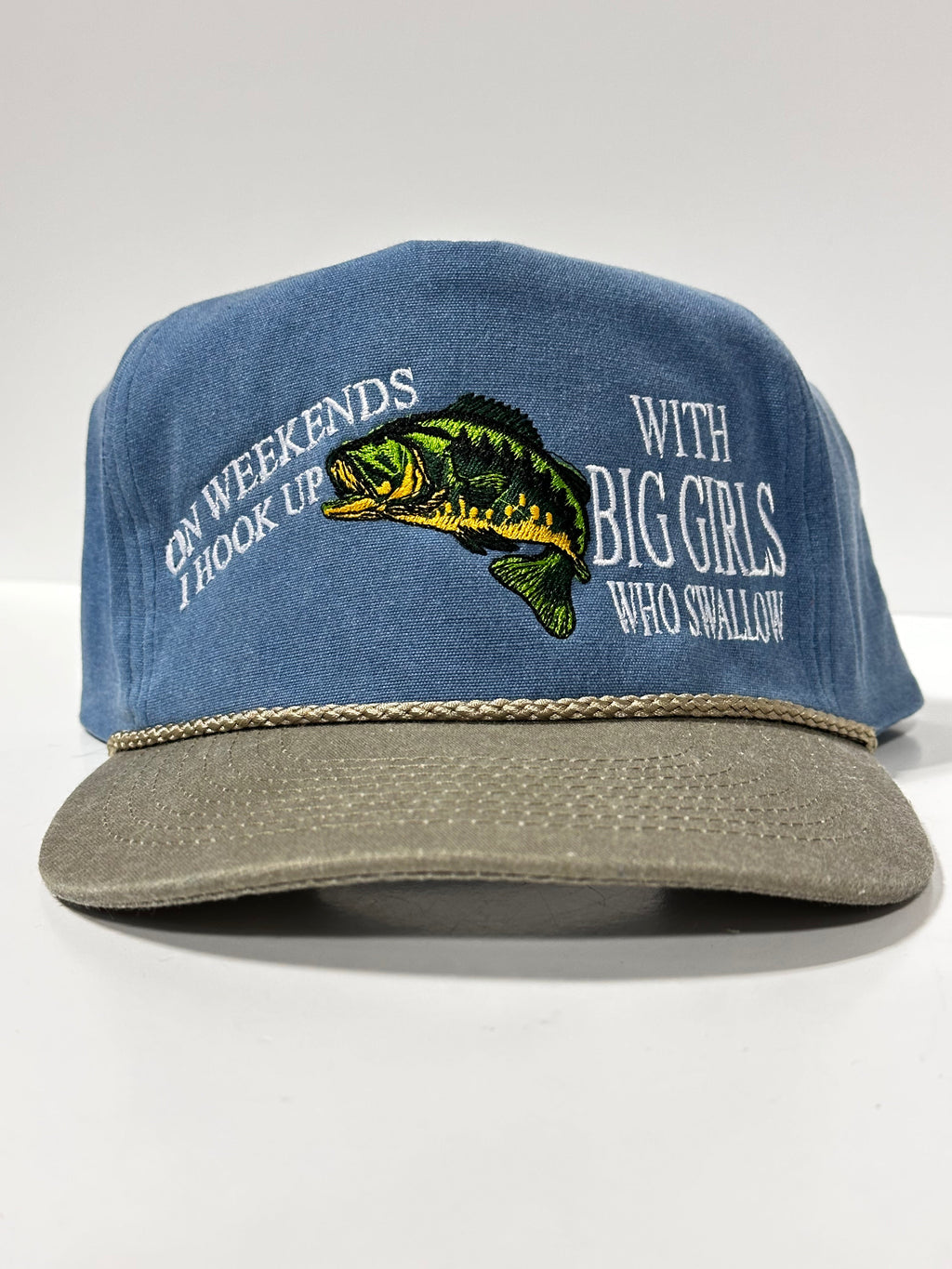 ON WEEKENDS I HOOK UP WITH BIG GIRLS WHO SWALLOW Funny Fishing SnapBack Rope Tall Crown Hat Cap Custom Embroidered