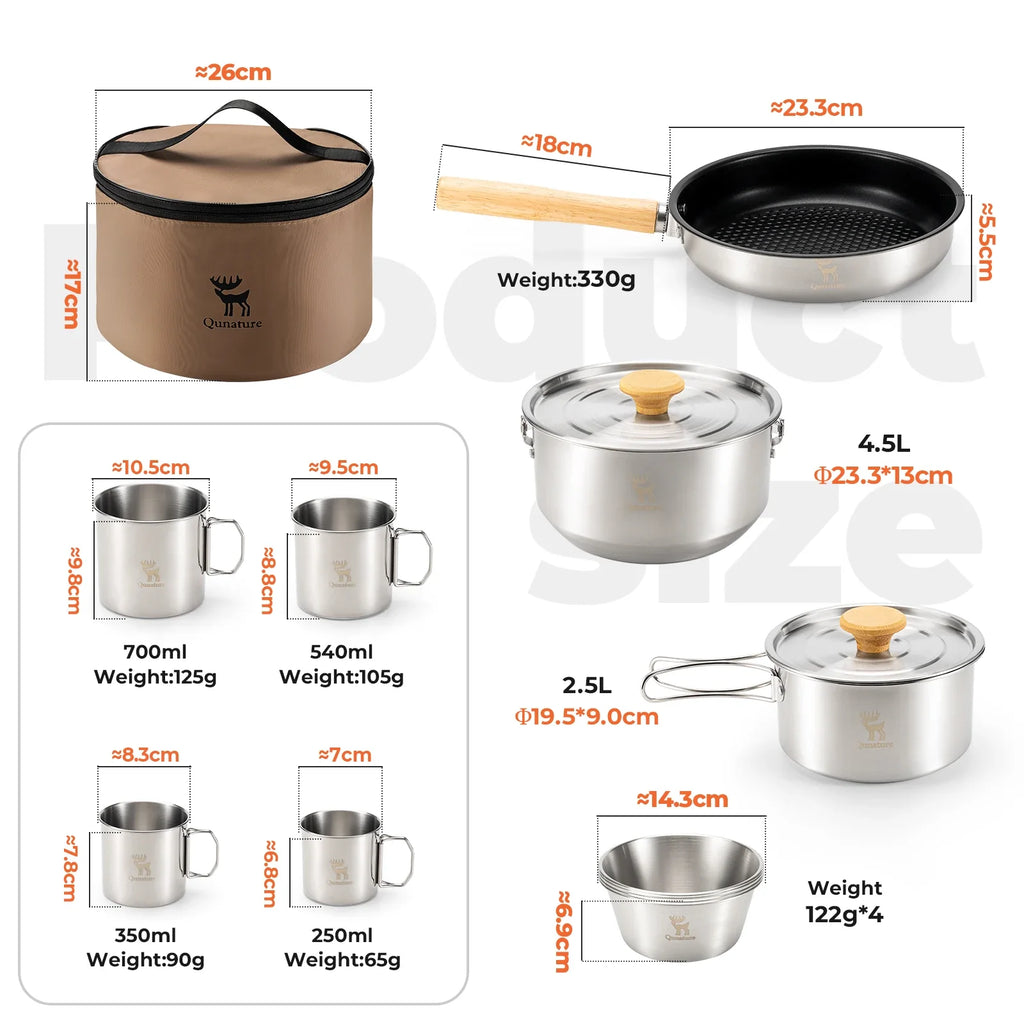304 Stainless Steel 5-Piece Camping Cookware Set with Teflon Coating
