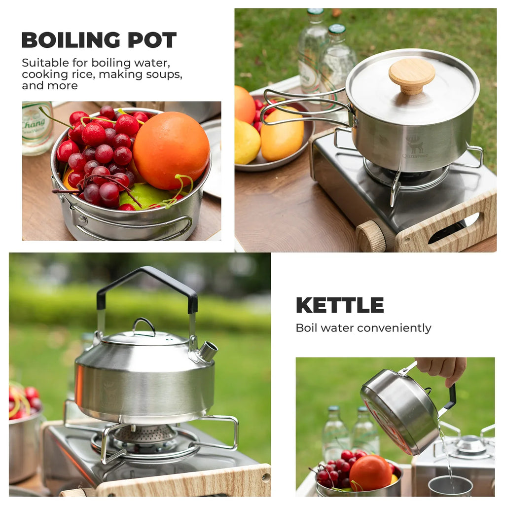 Stainless Steel Tea Set with Foldable Pot and Kettle for Outdoor Adventures