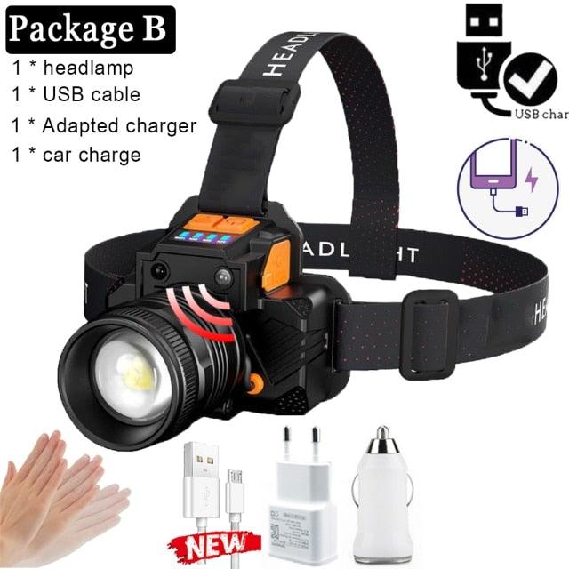 Rechargeable High Lumens Work Headlight Ultra Bright Headlamp LED Headlight Sensor Powerful  Head Lamp Waterproof Flashlight For Adults Running Hiking Camping Fishing