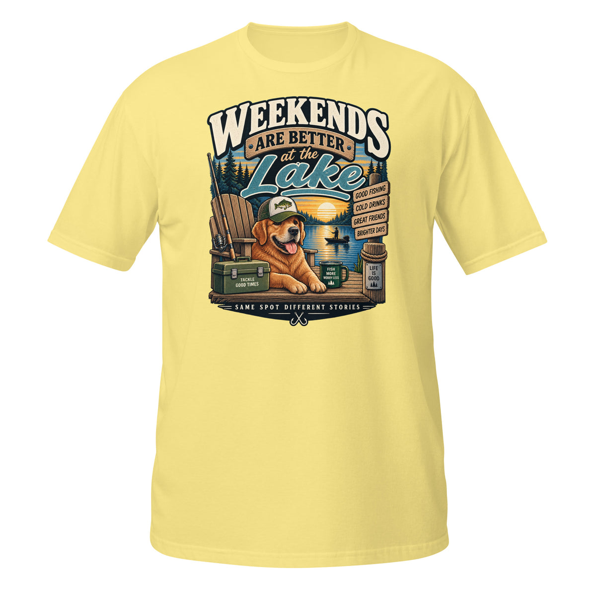 Weekends Are Better at the Lake Fishing Tee in cornsilk, front view