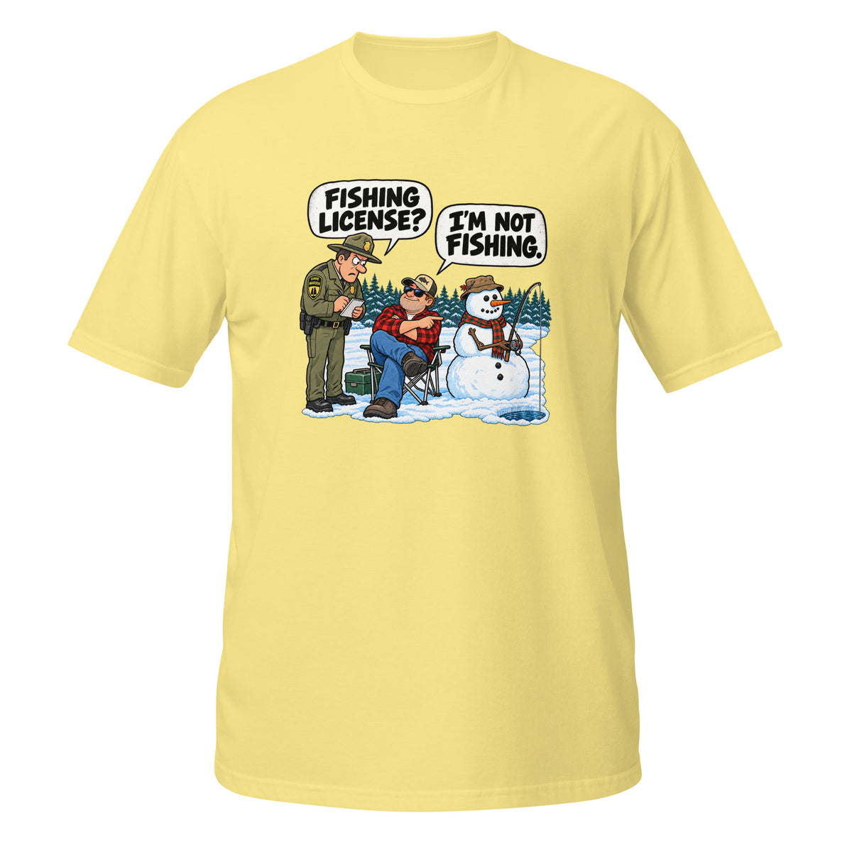 Fishing License? I’m Not Fishing Tee in cornsilk, front view