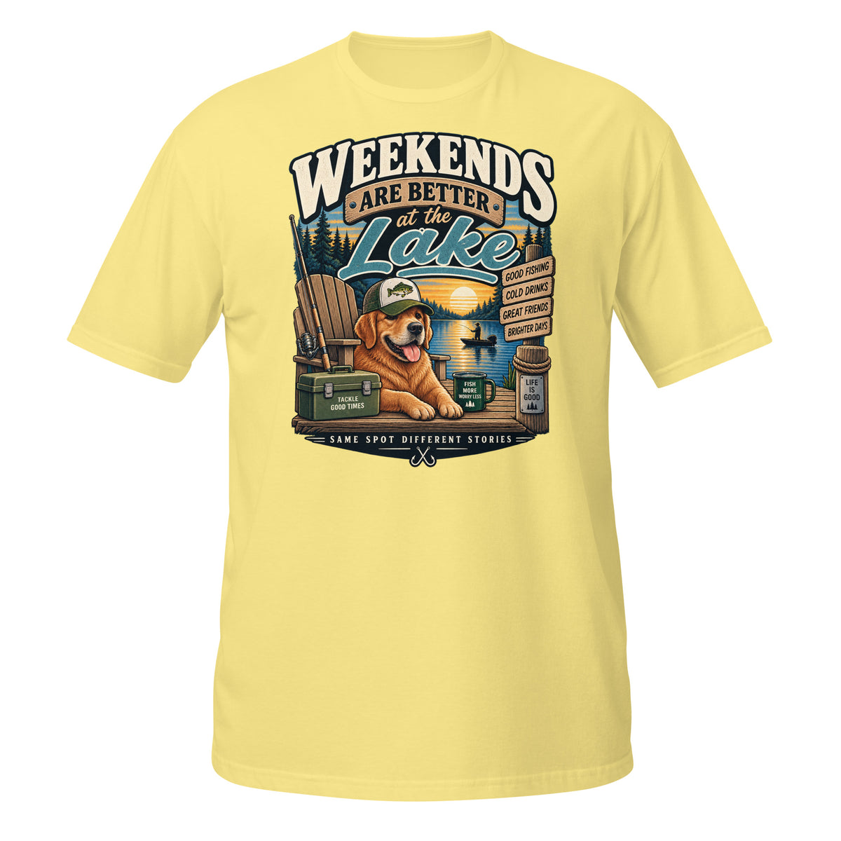 Weekends Are Better at the Lake Fishing Tee in cornsilk, front view