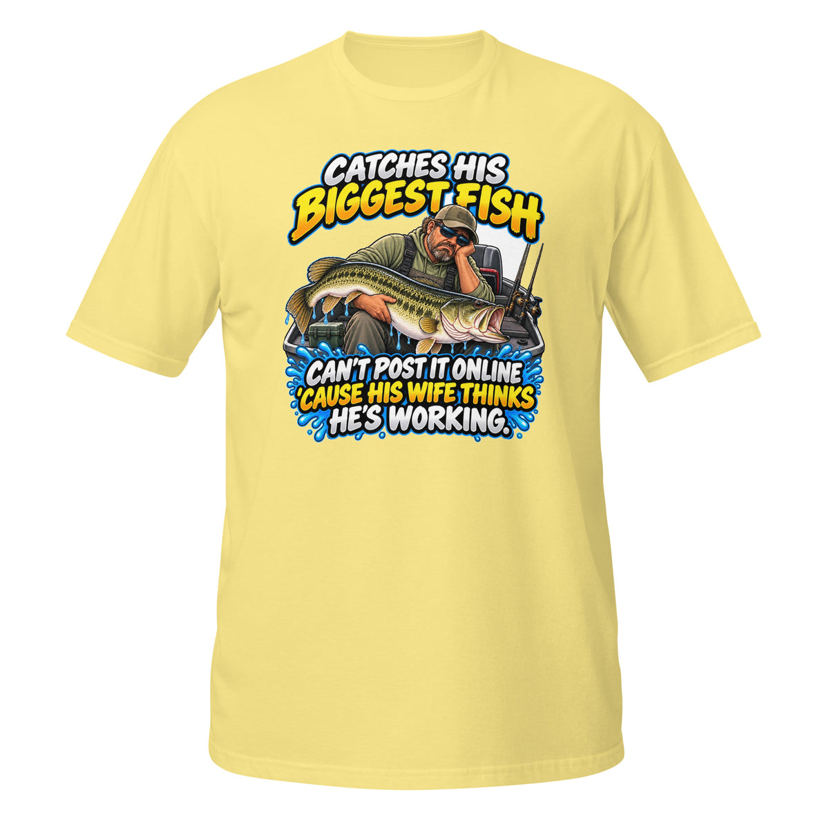 Can’t Post It Online Fishing Tee in cornsilk, front view