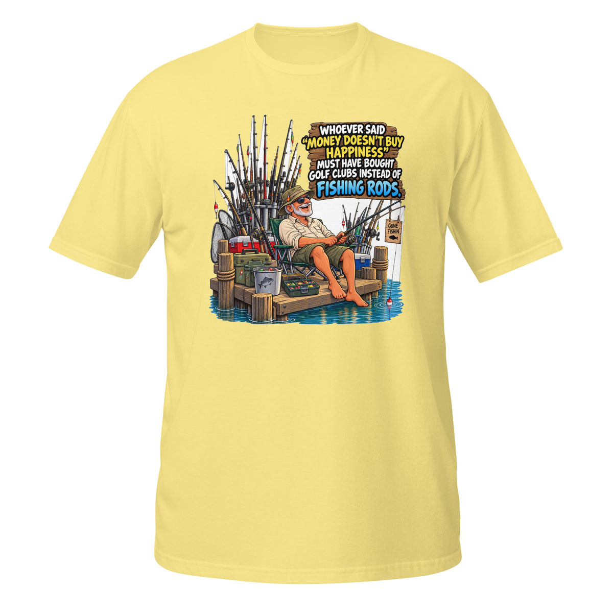 Money Buys Fishing Rods Tee in cornsilk, front view