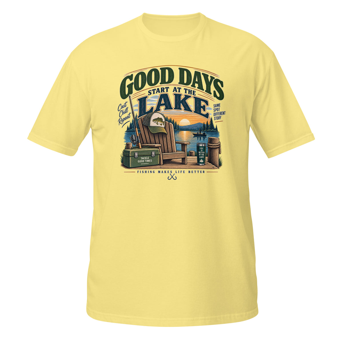 Good Days Start at the Lake Fishing Tee in cornsilk, front view