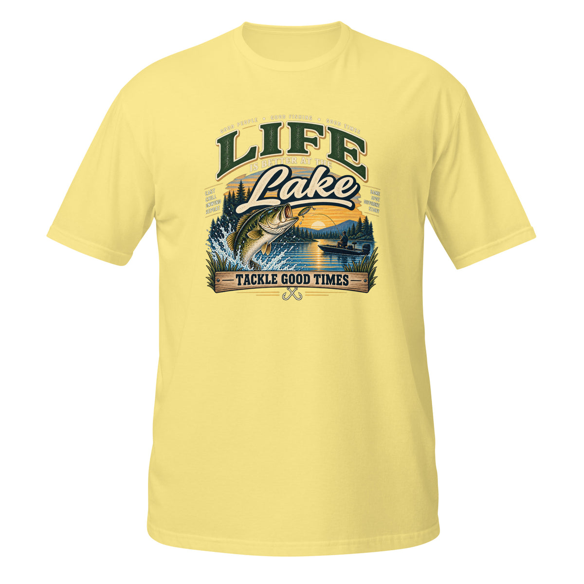 Tackle Good Times at the Lake Tee in cornsilk, front view