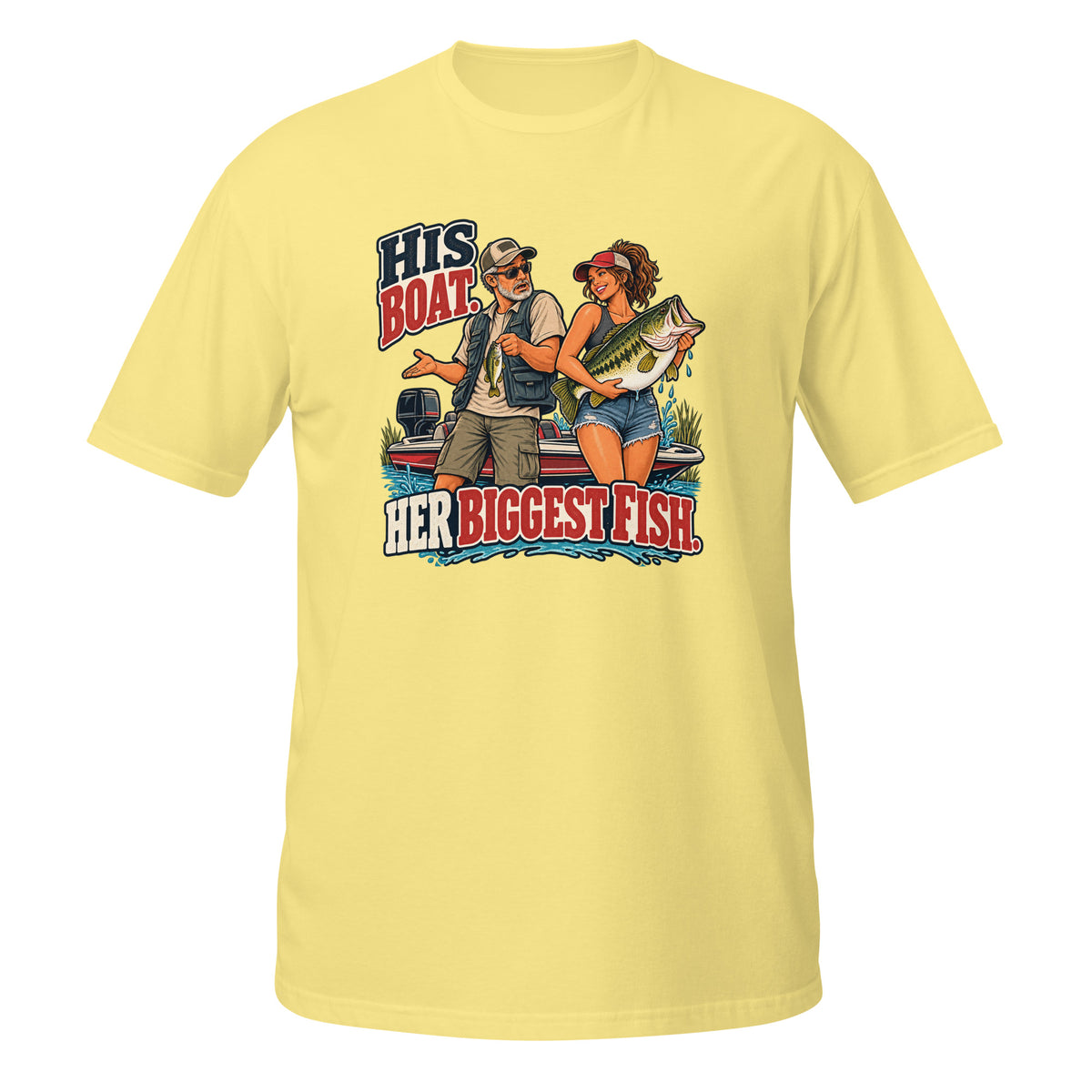 His Boat Her Biggest Fish Tee in cornsilk, front view