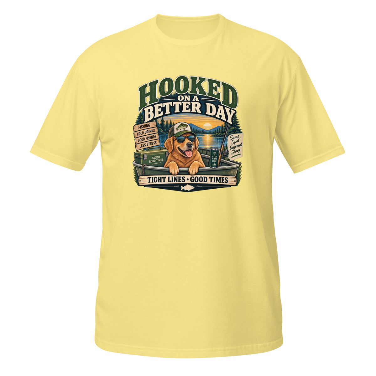 Hooked on a Better Day Dog Fishing Tee in cornsilk, front view