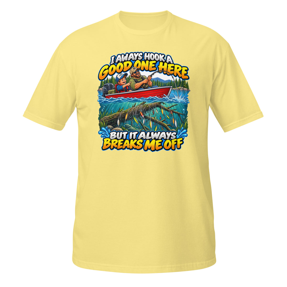 I Always Hook a Good One Here Tee in cornsilk, front view