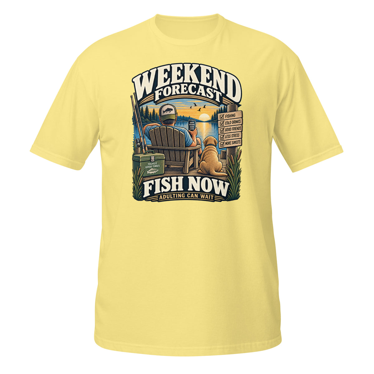 Weekend Forecast Fish Now Adulting Can Wait Tee in cornsilk, front view