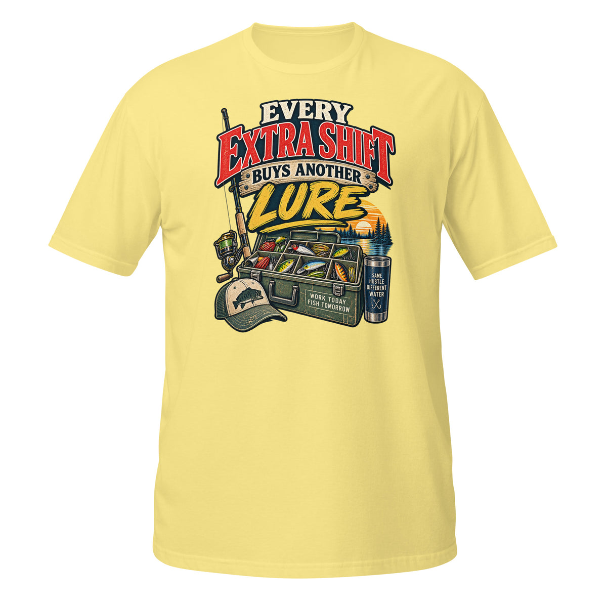 Every Extra Shift Buys Another Lure Tee in cornsilk, front view