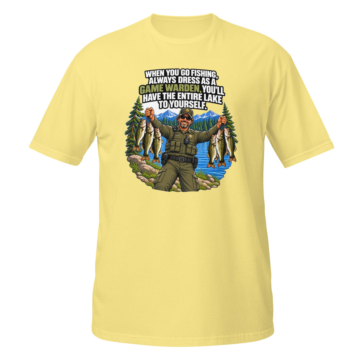 Dress Like a Game Warden Fishing Tee in cornsilk, front view