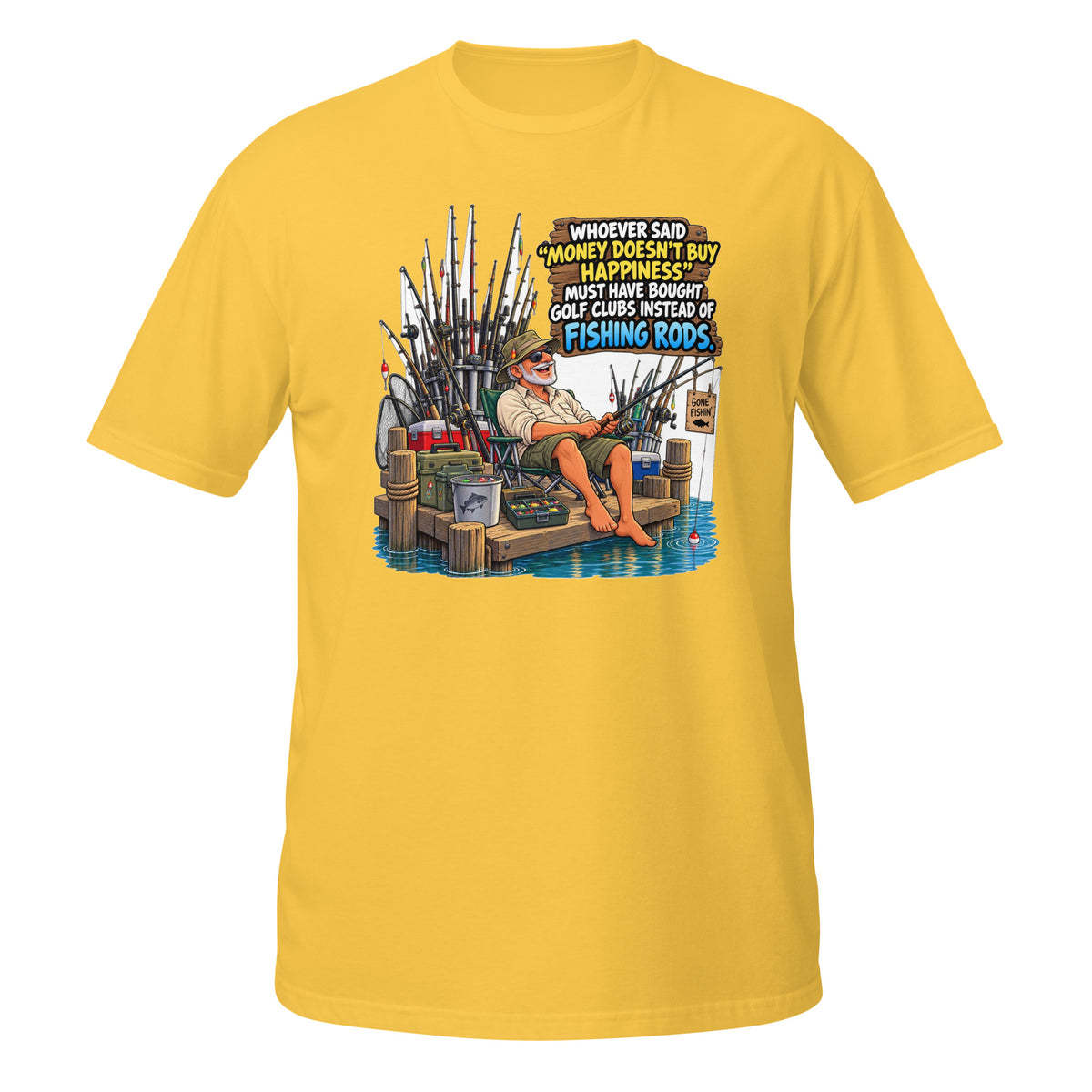 Money Buys Fishing Rods Tee in daisy, front view