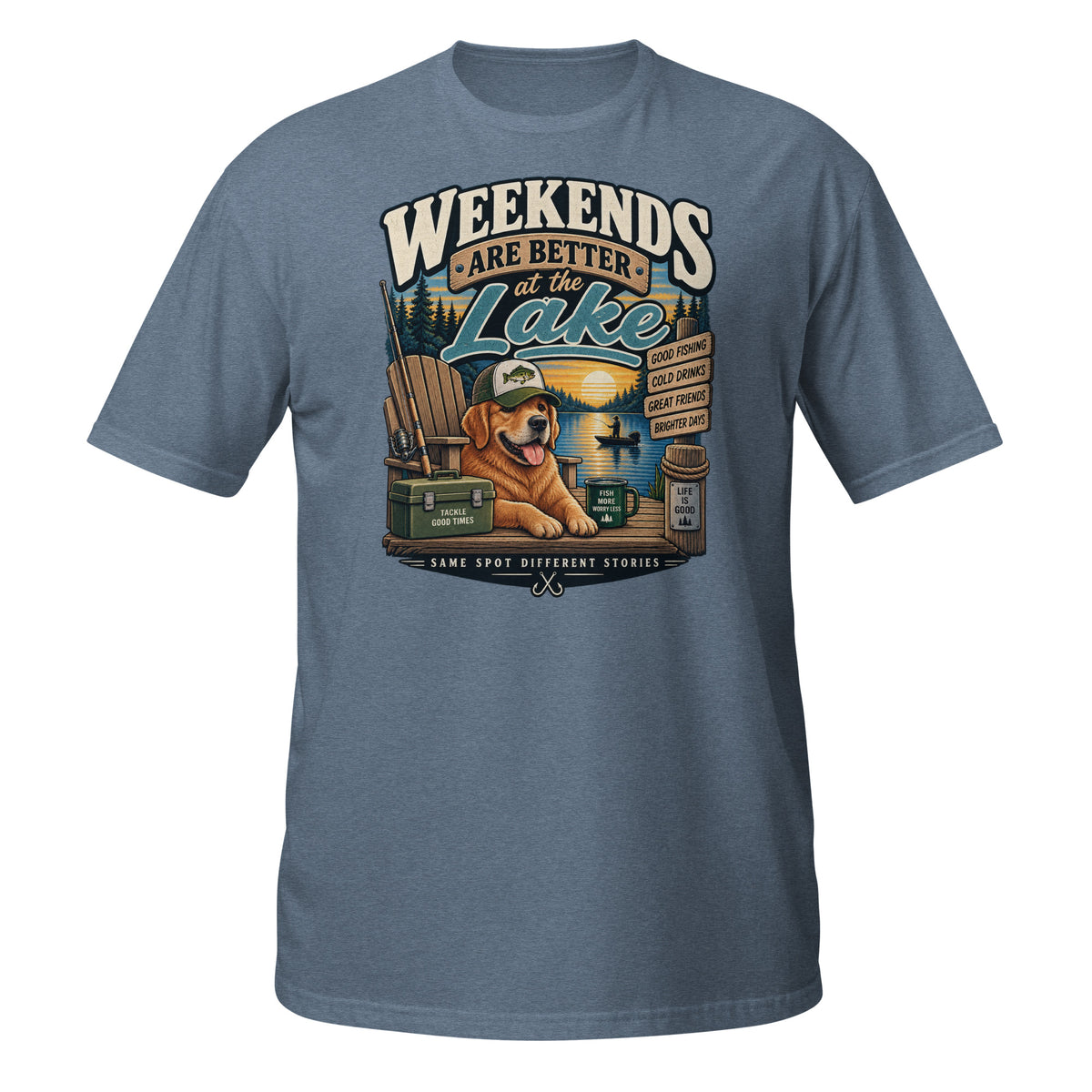 Weekends Are Better at the Lake Fishing Tee in heather indigo, front view
