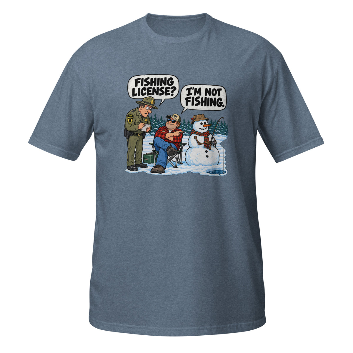Fishing License? I’m Not Fishing Tee in heather indigo, front view