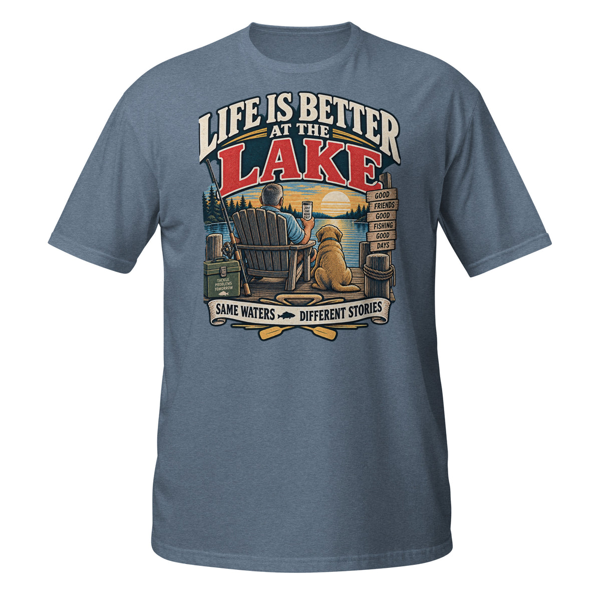 Life Is Better at the Lake Fishing Tee in heather indigo, front view