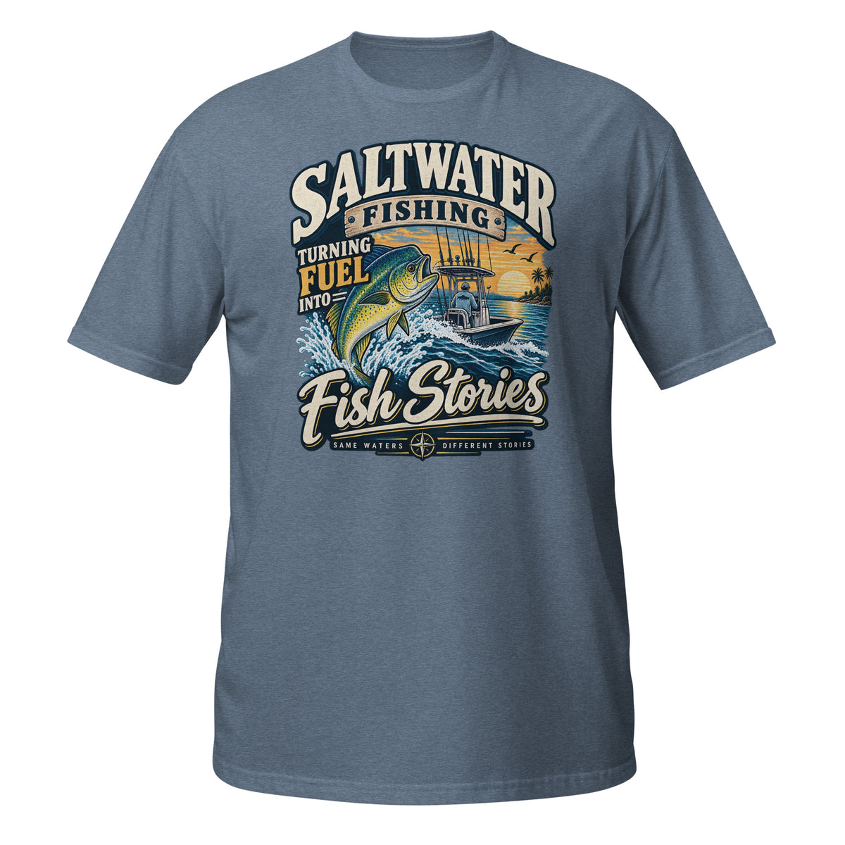 Turning Fuel Into Fish Stories Saltwater Fishing Tee in heather indigo, front view