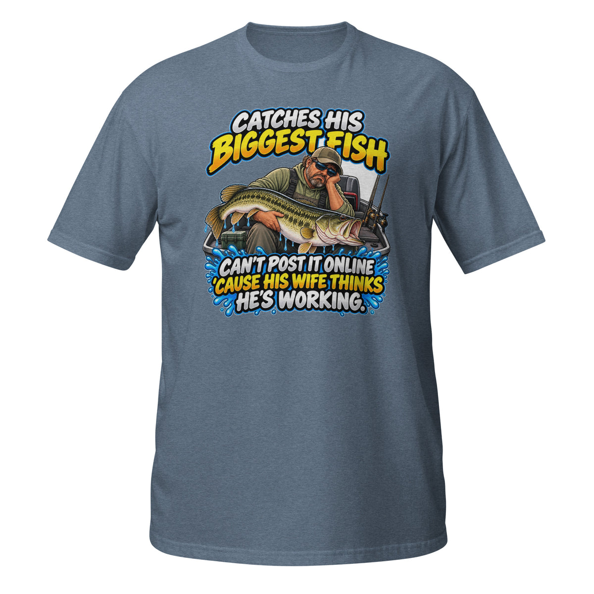 Can’t Post It Online Fishing Tee in heather indigo, front view