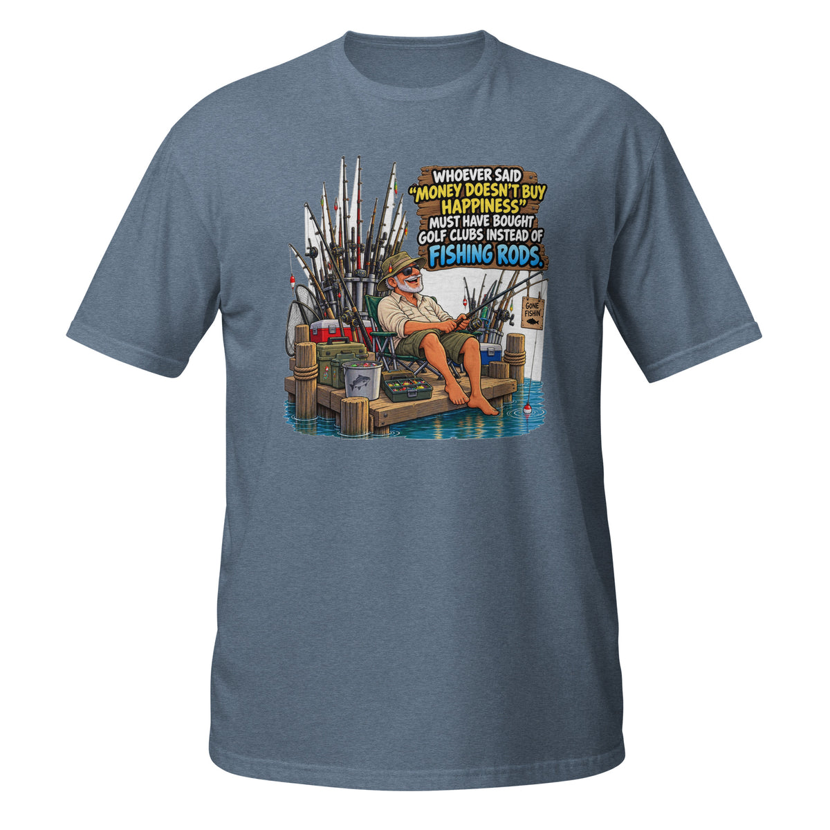 Money Buys Fishing Rods Tee in heather indigo, front view