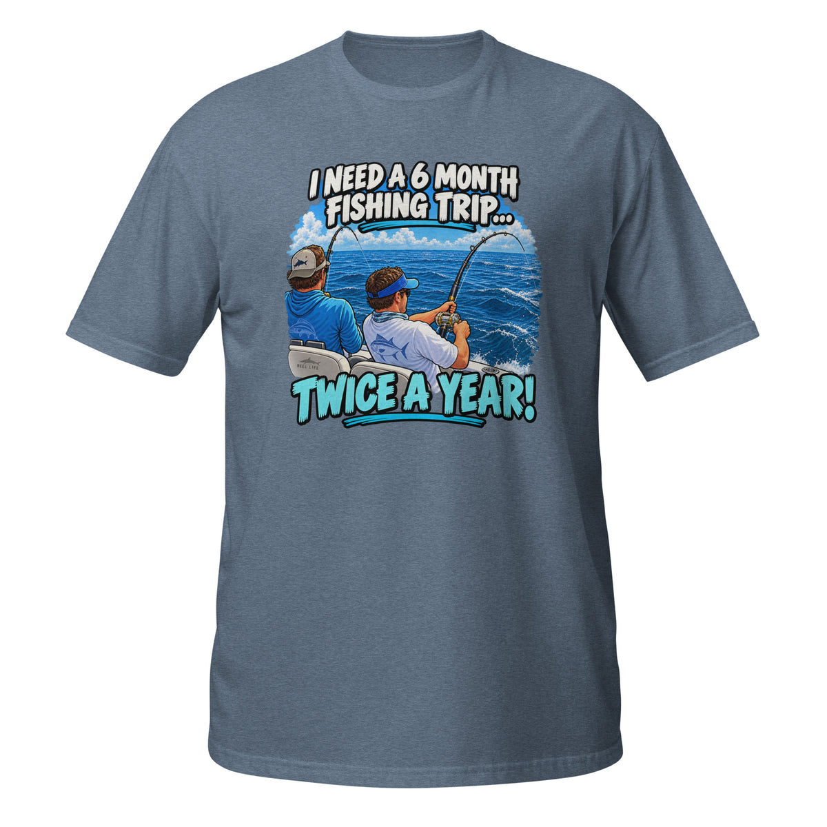 Twice a Year Fishing Trip Tee in heather indigo, front view