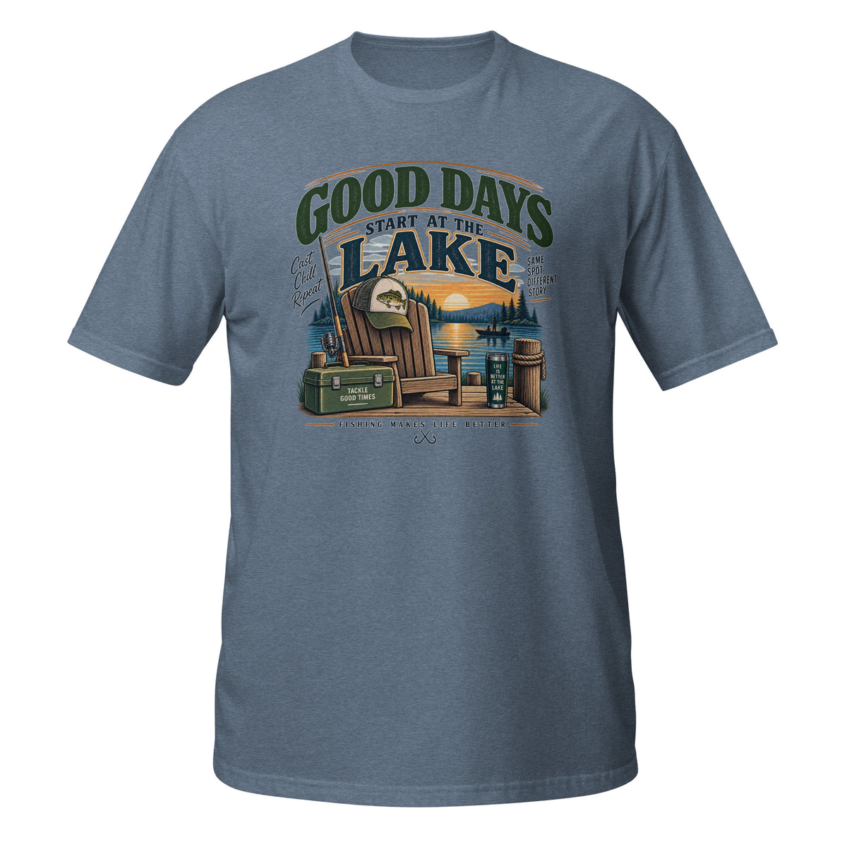 Good Days Start at the Lake Fishing Tee in heather indigo, front view