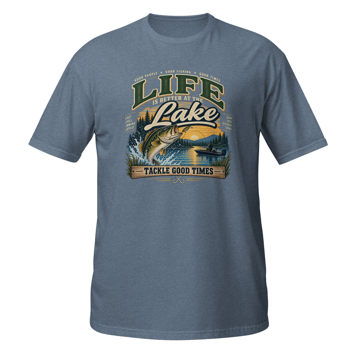 Tackle Good Times at the Lake Tee in heather indigo, front view