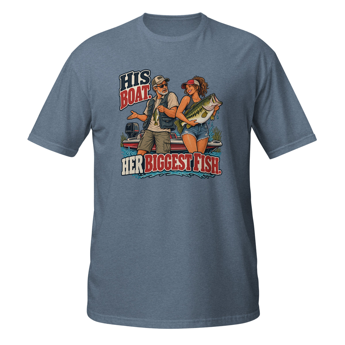 His Boat Her Biggest Fish Tee in heather indigo, front view