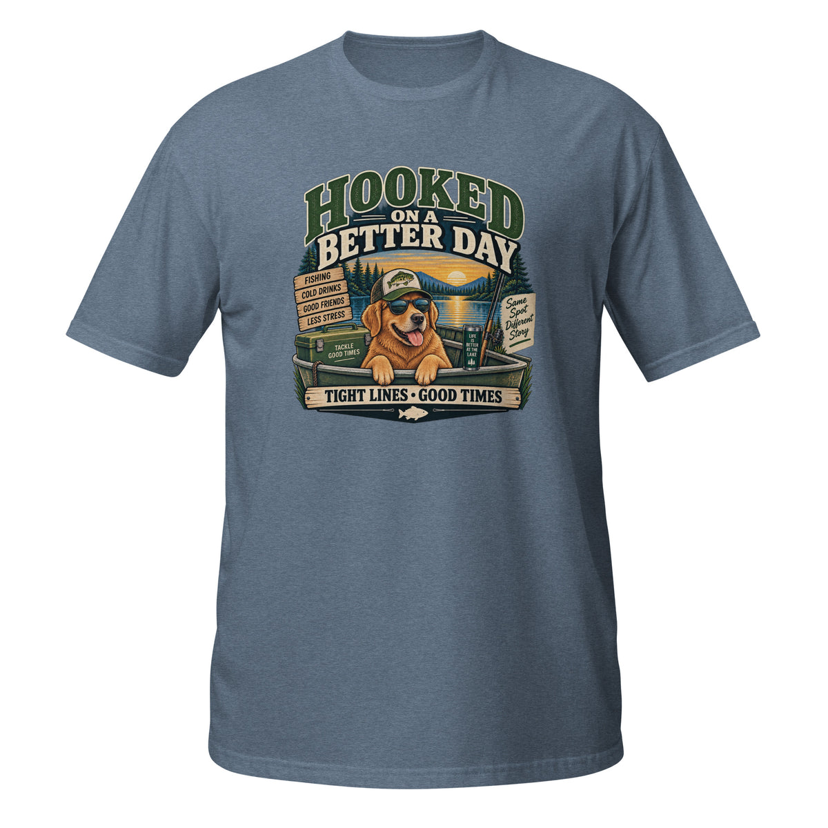 Hooked on a Better Day Dog Fishing Tee in heather indigo, front view