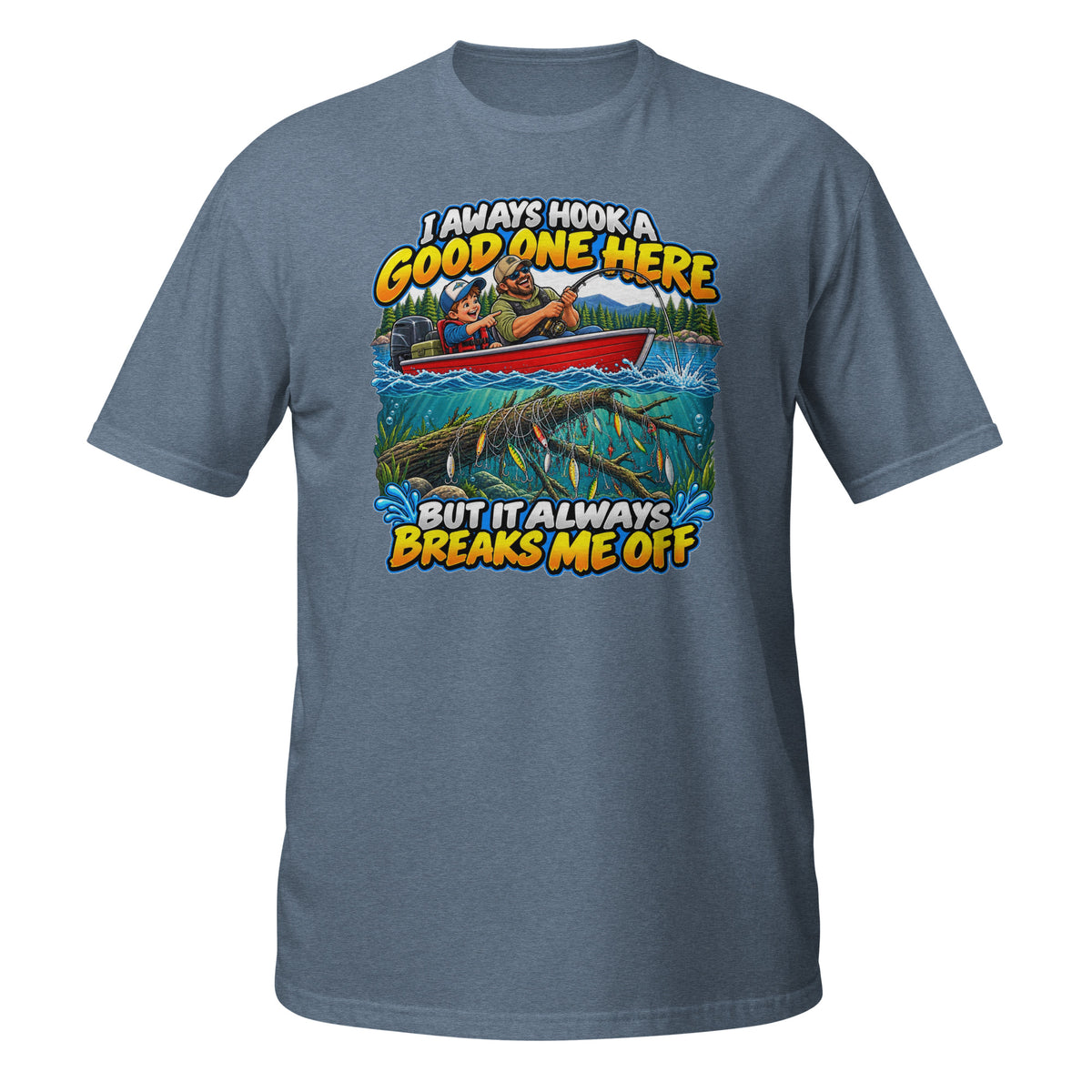 I Always Hook a Good One Here Tee in heather indigo, front view