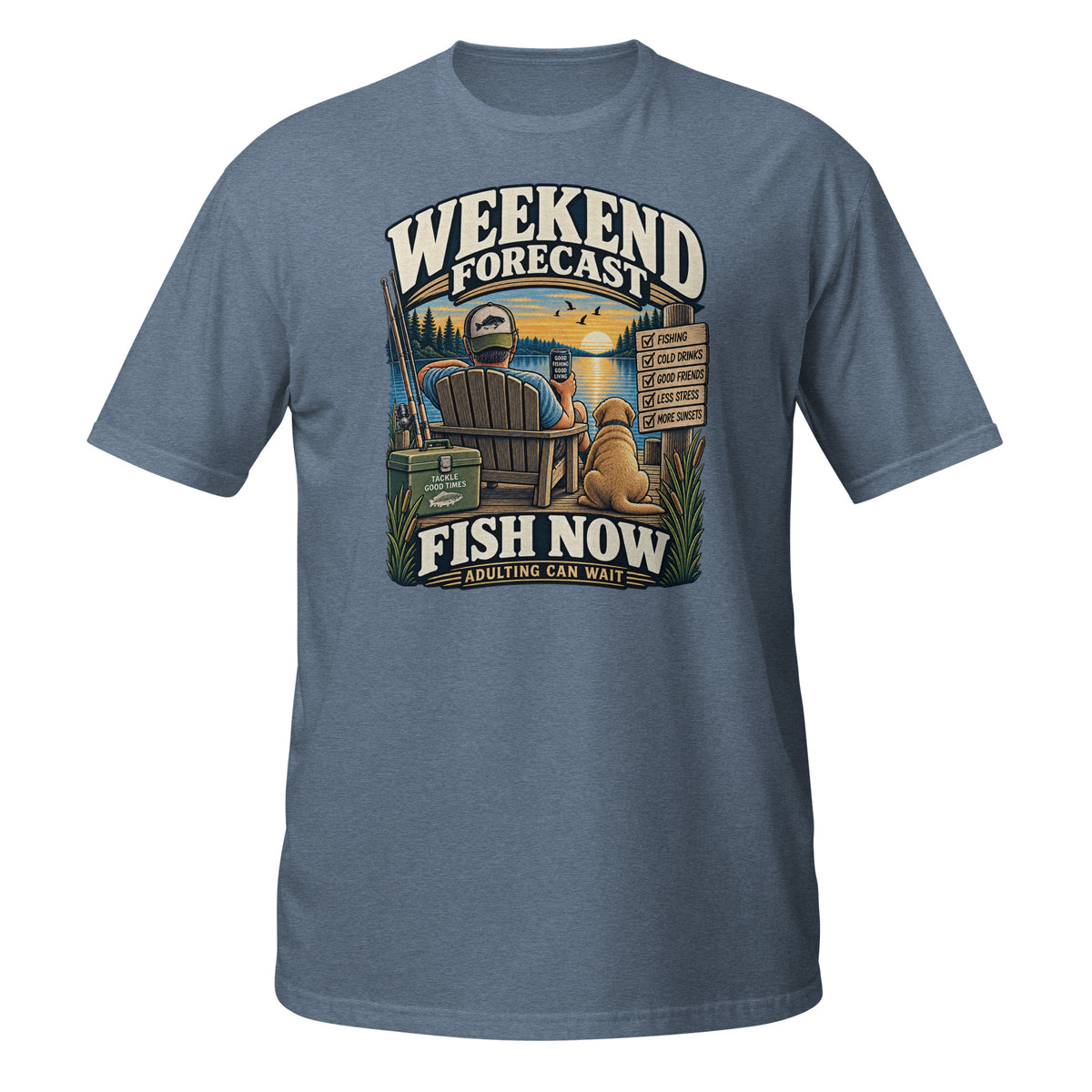 Weekend Forecast Fish Now Adulting Can Wait Tee in heather indigo, front view