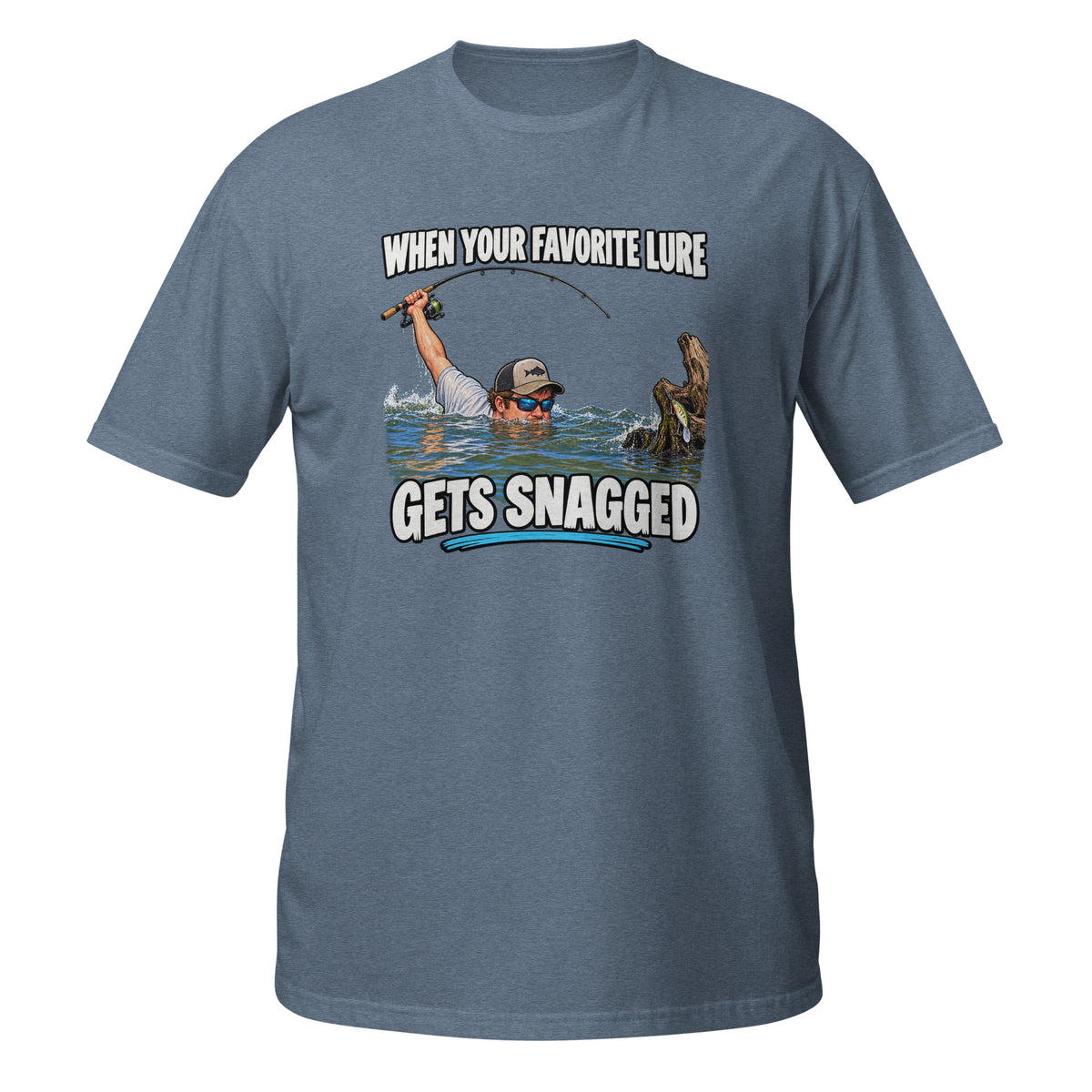 When Your Favorite Lure Gets Snagged Tee in heather indigo, front view