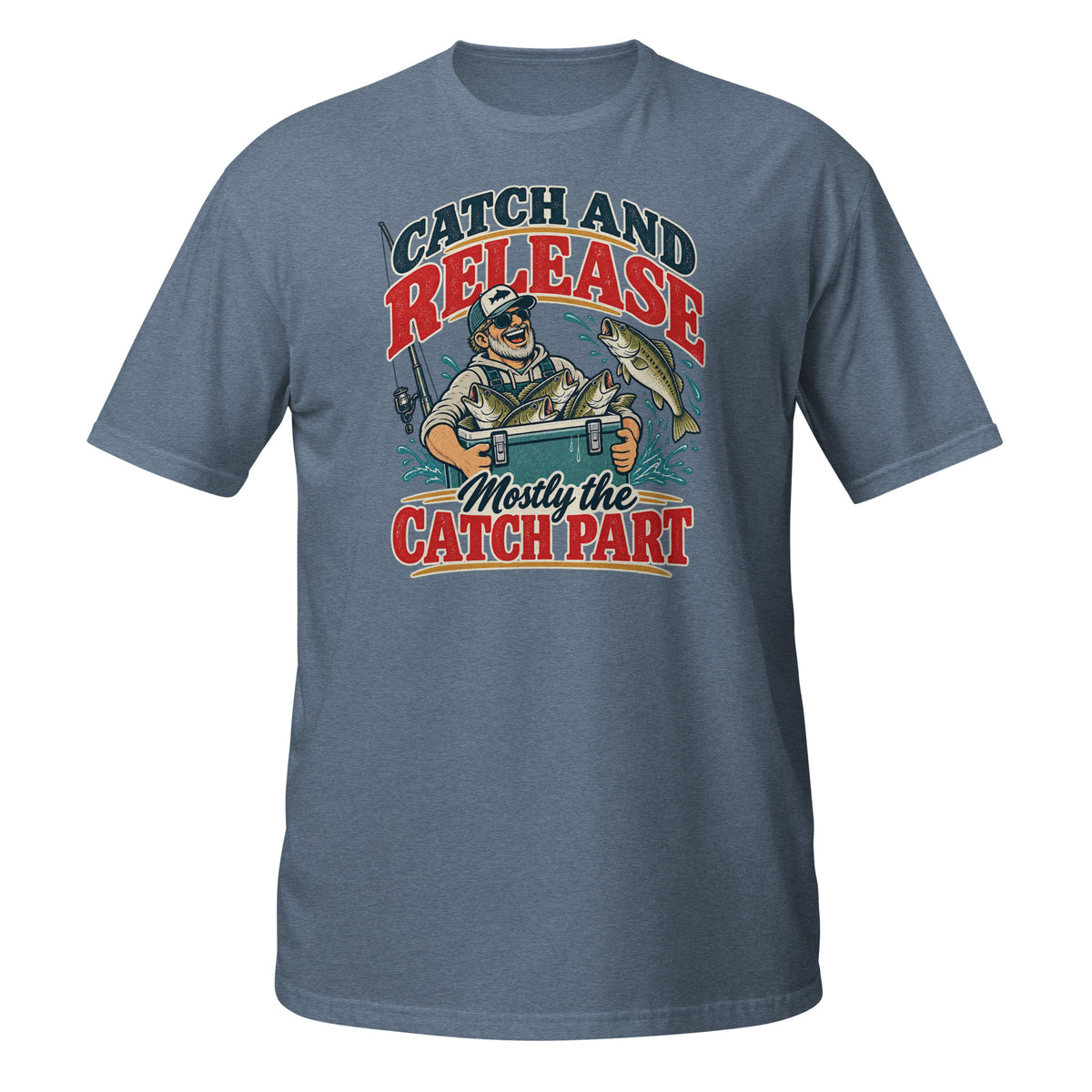 Catch and Release Mostly the Catch Part Tee in heather indigo, front view