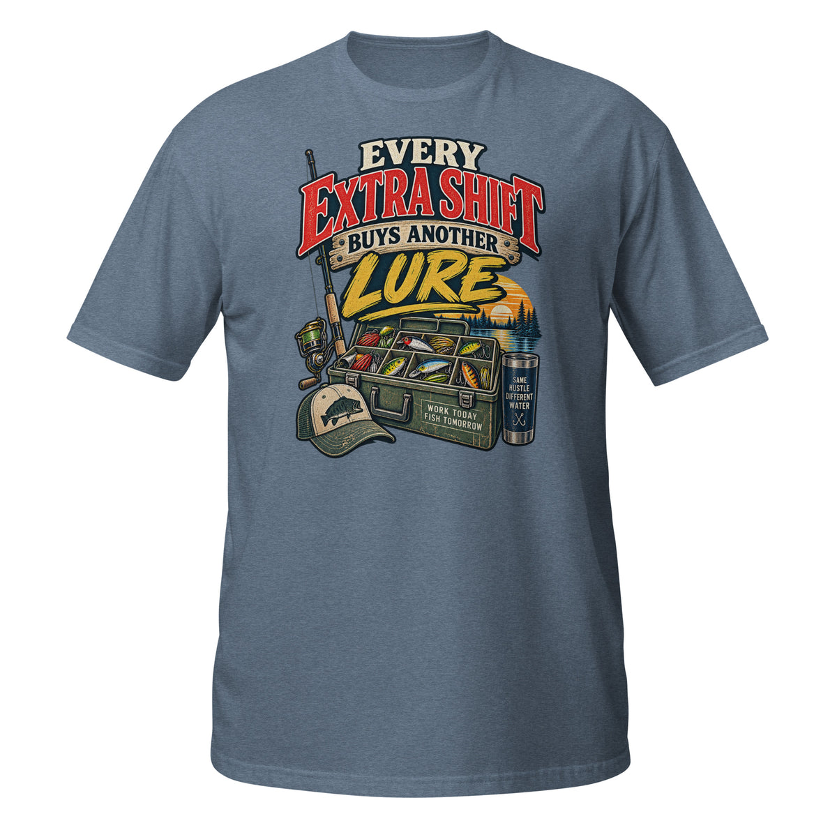 Every Extra Shift Buys Another Lure Tee in heather indigo, front view