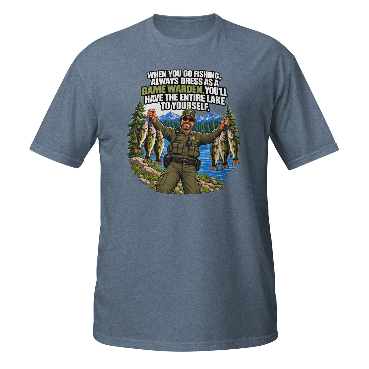 Dress Like a Game Warden Fishing Tee in heather indigo, front view