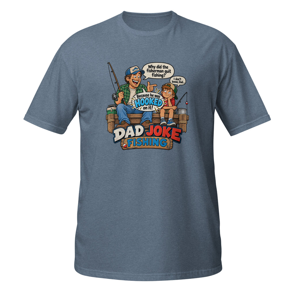 Hooked on It Dad Joke Fishing Tee in heather indigo, front view