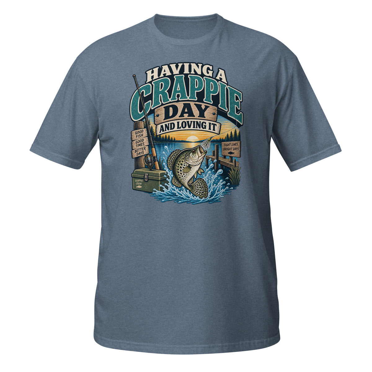 Having a Crappie Day and Loving It fishing tee in heather indigo, front graphic with jumping crappie and lake scene