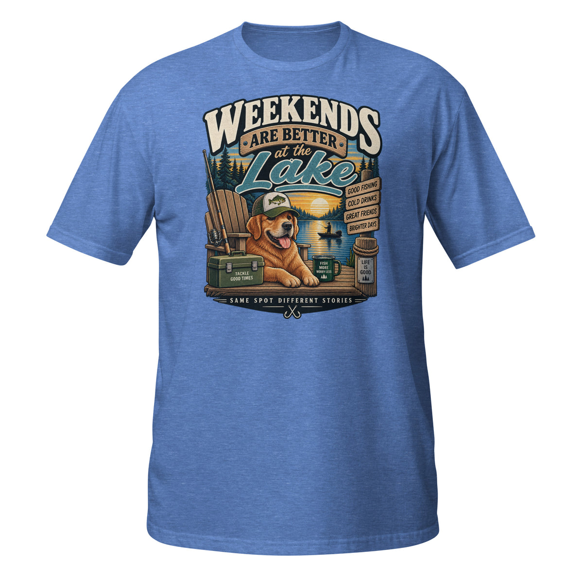 Weekends Are Better at the Lake Fishing Tee in heather royal, front view