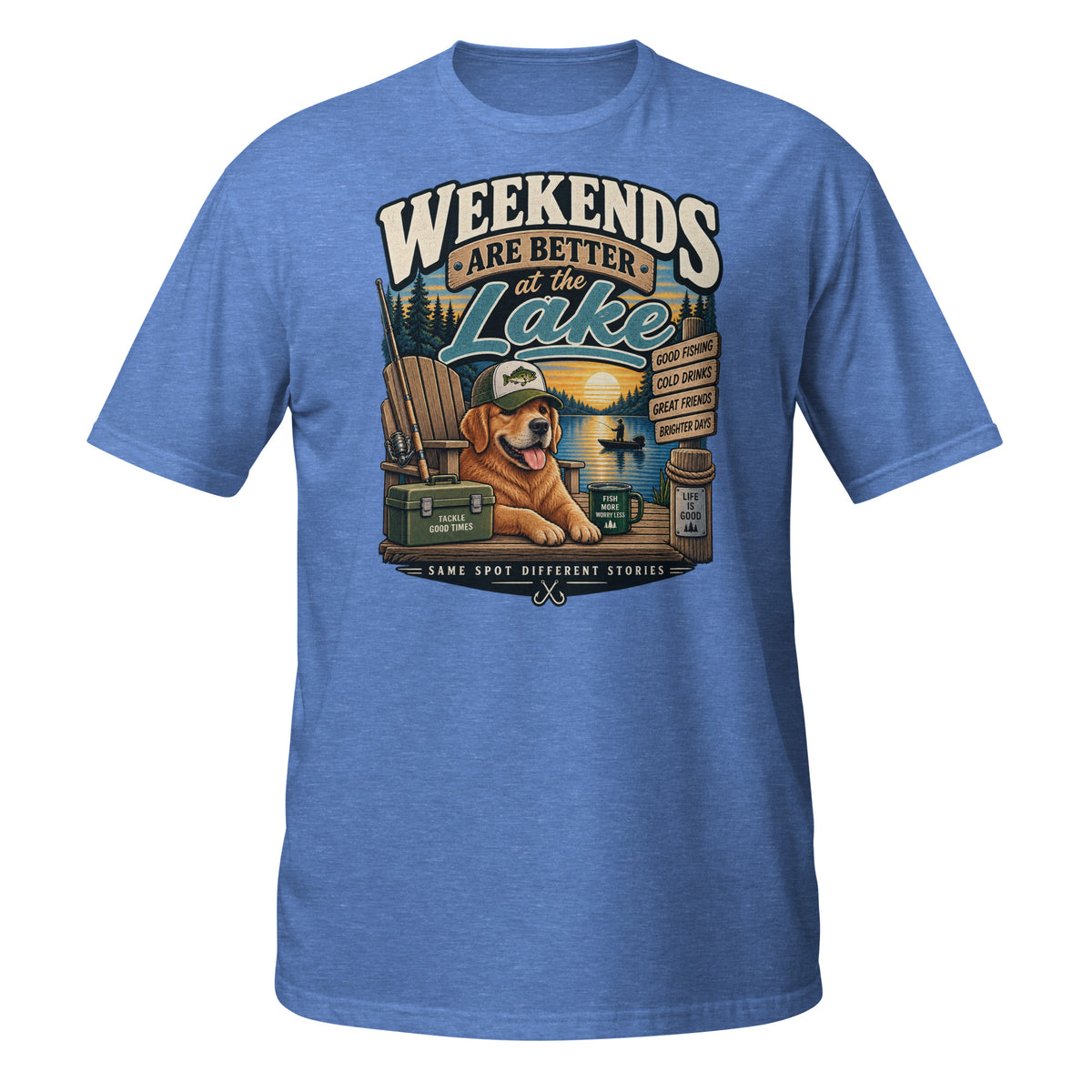 Weekends Are Better at the Lake Fishing Tee in heather royal, front view