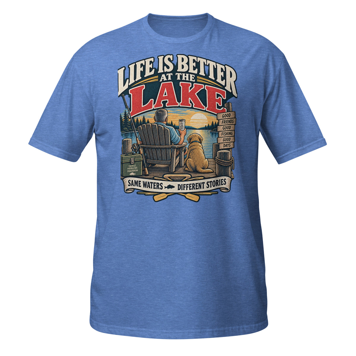 Life Is Better at the Lake Fishing Tee in heather royal, front view