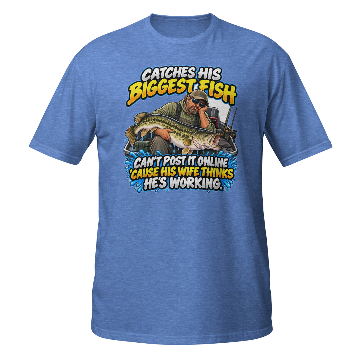 Can’t Post It Online Fishing Tee in heather royal, front view
