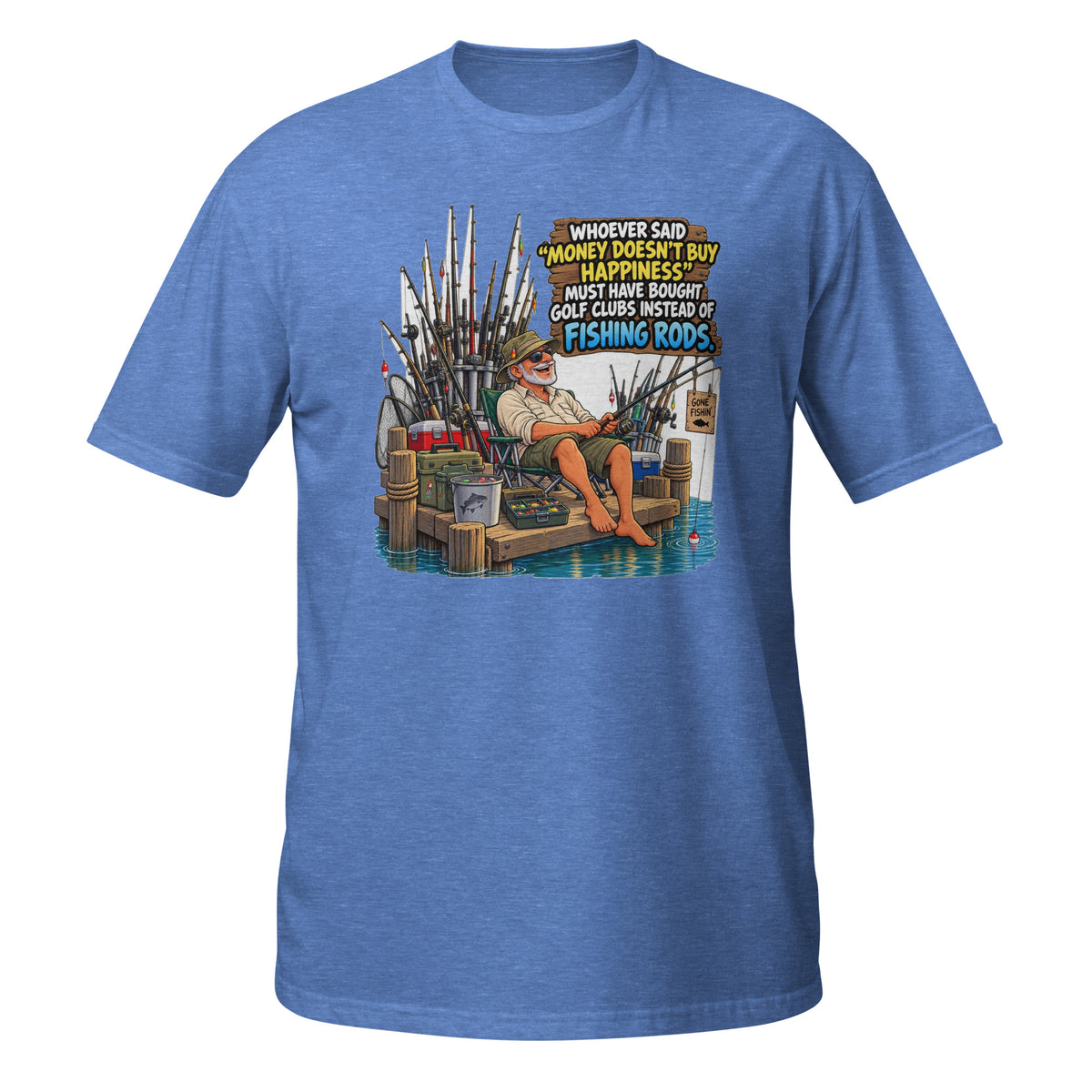 Money Buys Fishing Rods Tee in heather royal, front view